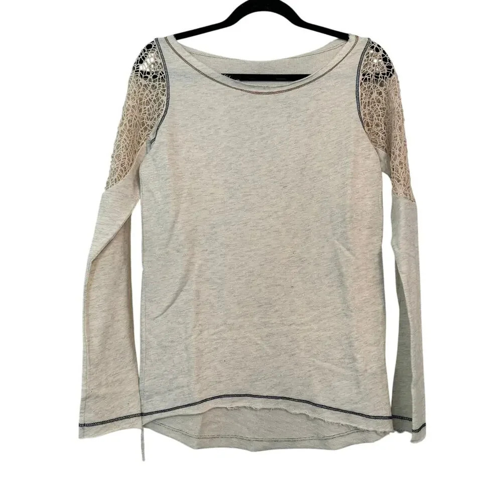 Jesse & Jane Women Blouse Top Size M Cream Cotton Long Sleeves Crochet Pullover